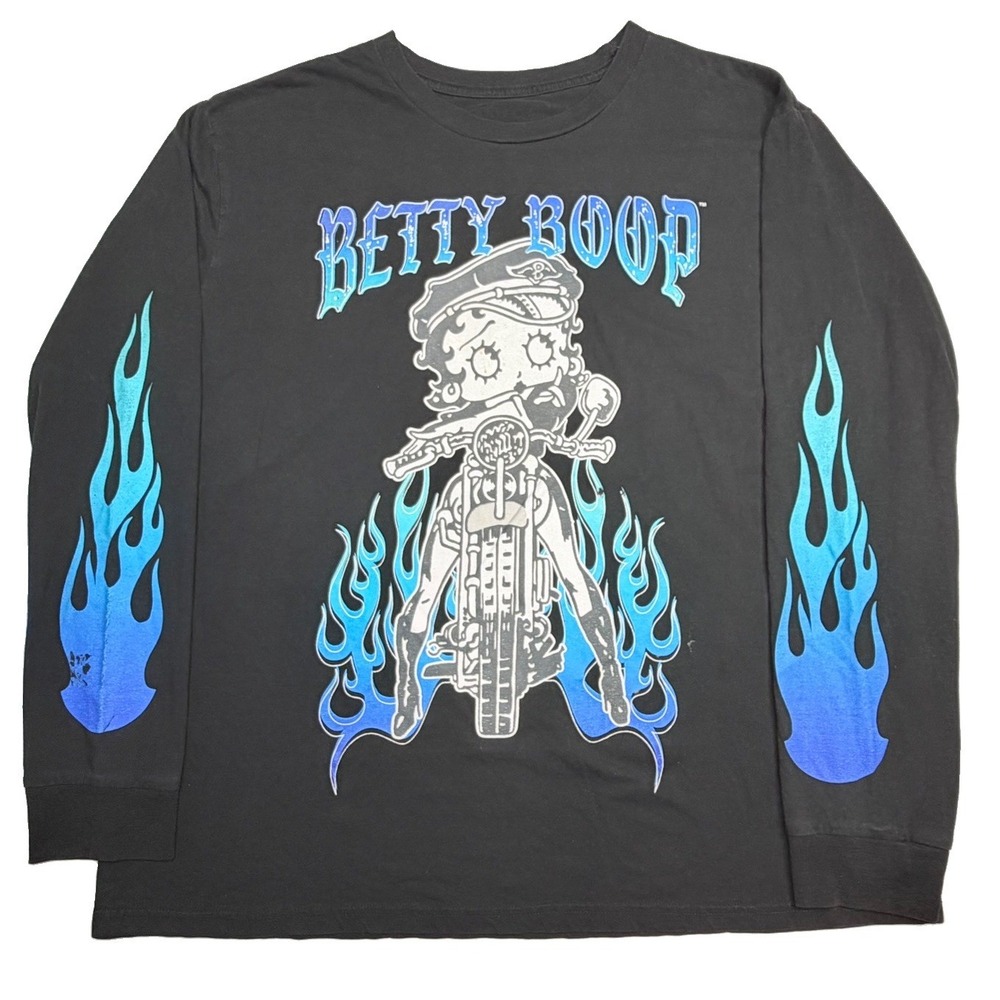 Betty Boop Biker Flame Long Sleeve Graphic T-Shirt Black Adult XL